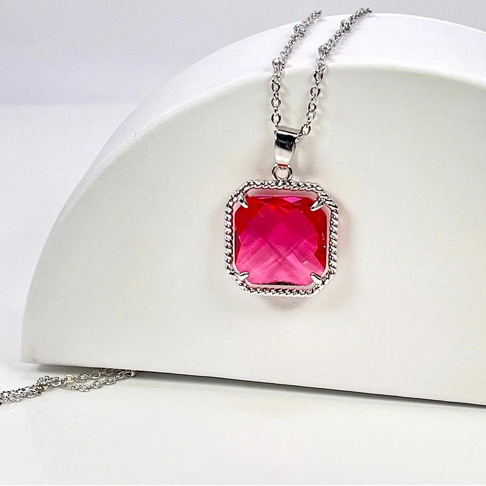 Faceted Pink Simulated Gemstone Necklace - Rhodium Plated Jeweled Pendant - NEW